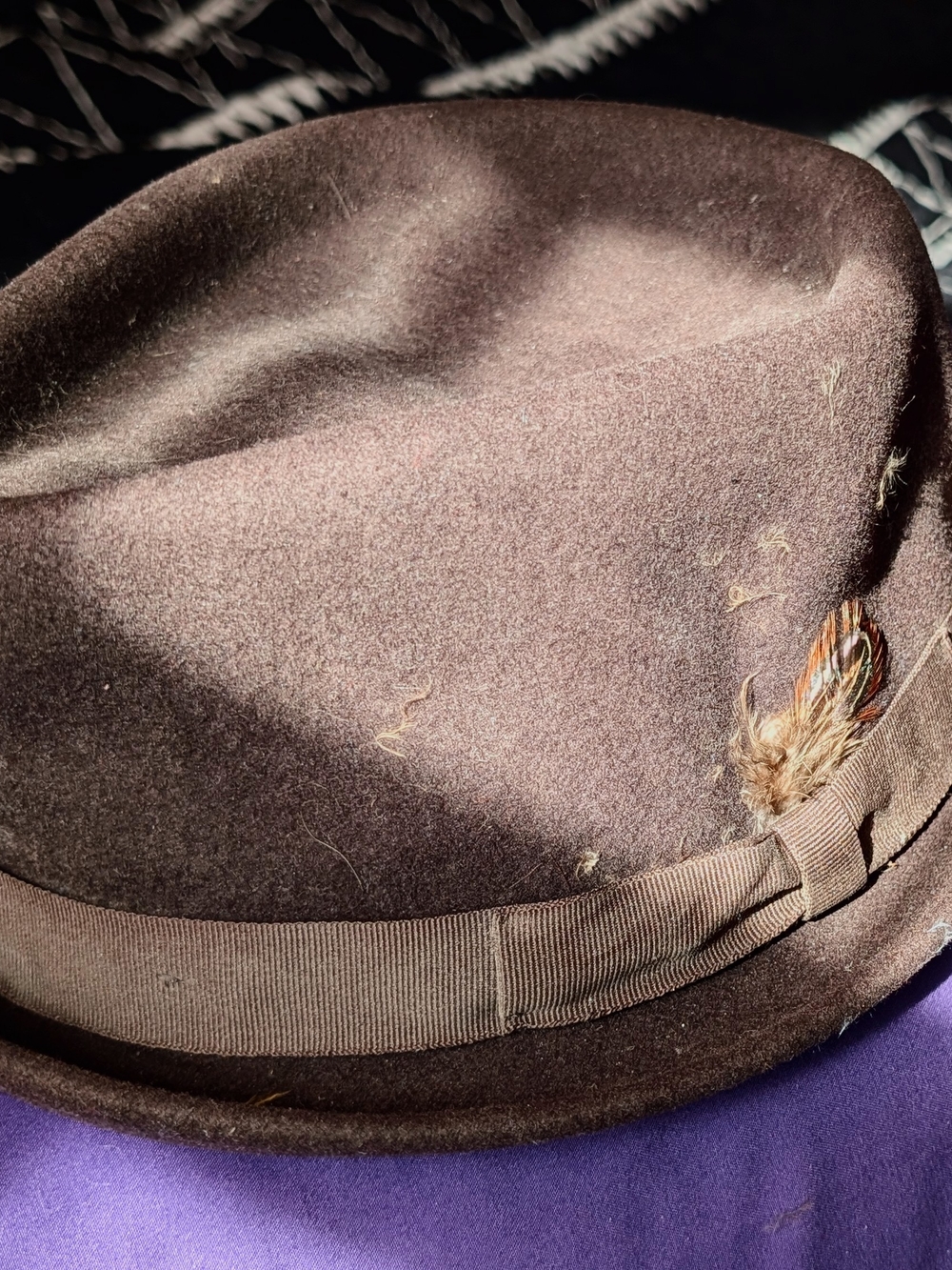 Hats On The Belfry Brown Wool Fedora/ Pork Pie Hat with Feather Accent